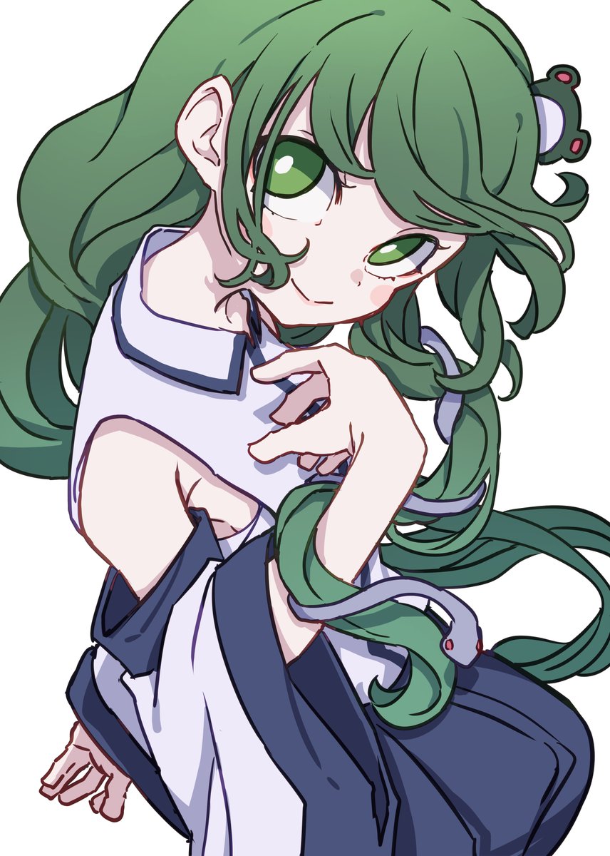 kochiya sanae 1girl solo green hair green eyes long hair frog hair ornament detached sleeves  illustration images