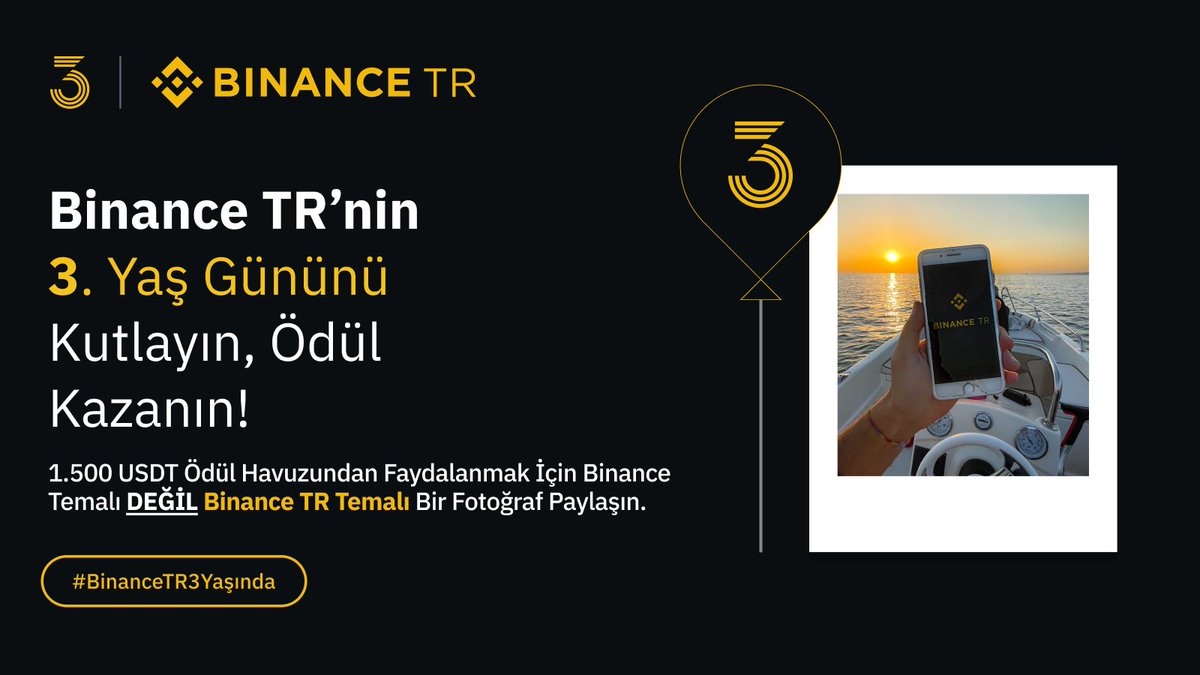 #BinanceTR3Yaşında kutlamalarına katılın, 1.500$ ödül havuzunu paylaşın!🇹🇷

🔸Bizi takip edin.
🔸Bu duyuruyu RT'leyin.
🔸Binance TR ile ilgili bir fotoğraf veya videoyu #BinanceTR3Yaşında etiketiyle paylaşın (Binance DEĞİL BinanceTR),
🔸Formu doldurun. 👉bit.ly/BinanceTR3Yasi…