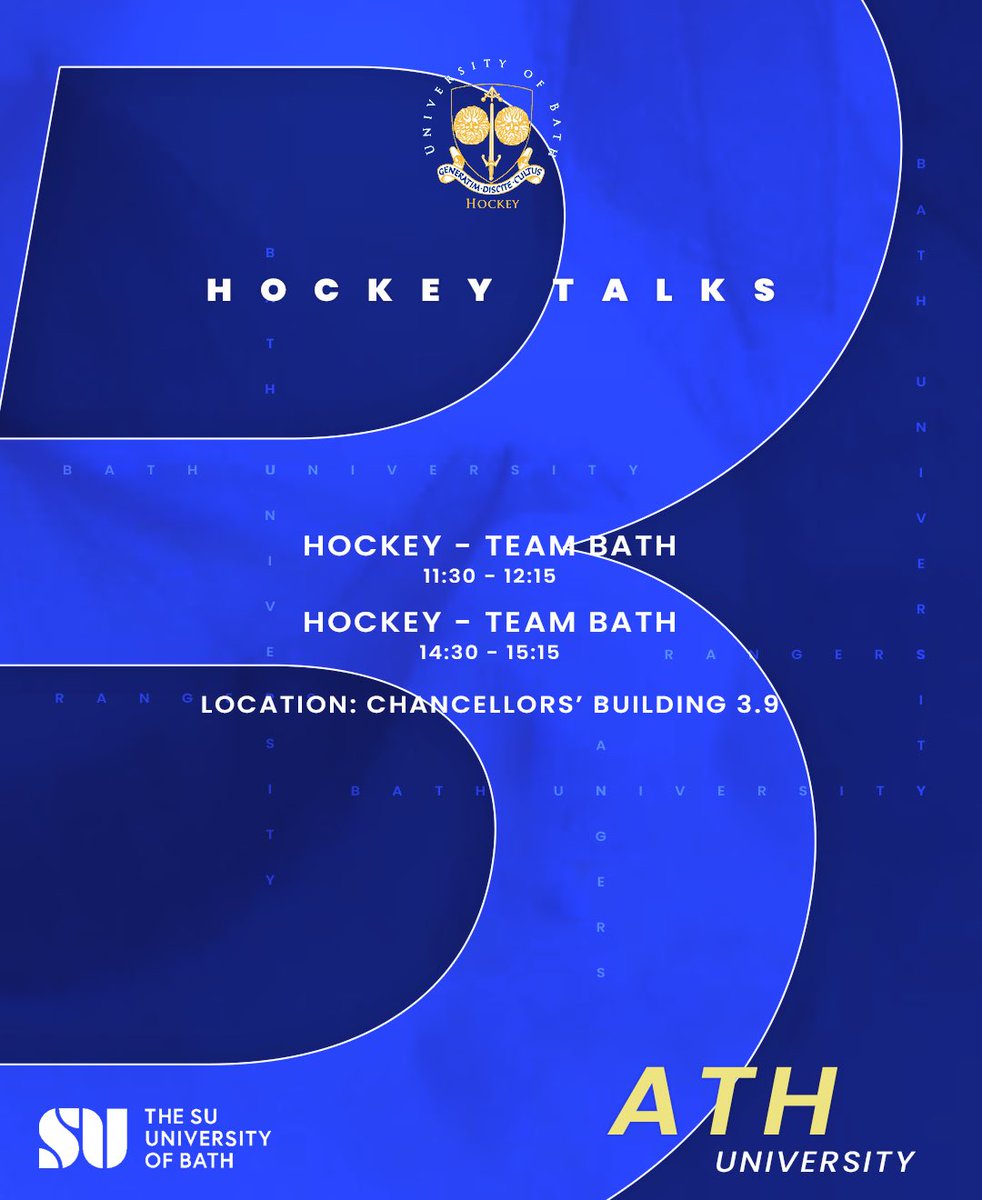 Open Day Talks 🔵🟡

Come and join us to learn more about the University of Bath Hockey Club. 

Saturday 9th September 

🕙 Schedule:

Morning: 11:30 AM - 12:15 PM
Afternoon: 2:30 PM - 3:15 PM

Location: Chancellors’ Building 3.9

See you there! 

#UoBathHockey #UniversityOpenDay