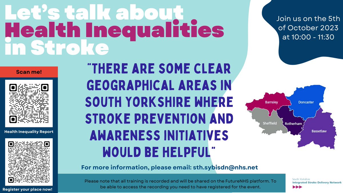 “There are some clear geographical areas in South Yorkshire where stroke prevention and awareness initiatives would be helpful”! 

📣Join our SY Stroke Health Inequalities webinar.
👉Register your place here: re-url.uk/WYJB

#TackleHealthInequalities #Letstalkaboutstroke