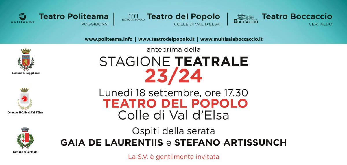 #Valdelsateatri
Vi invitiamo a scoprire la nostra nuova stagione il 18 settembre.