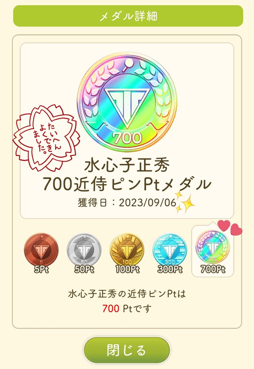 とうらぶの御伴散歩、水心子くんの700近侍ピンPtメダル獲得