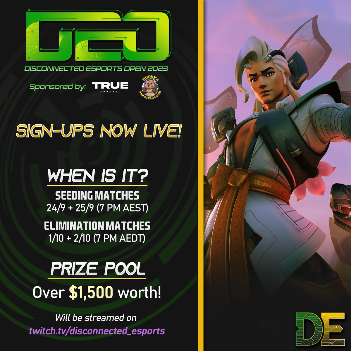📢 DISCONNECTED ESPORTS OPEN SIGN-UPS ARE NOW LIVE!

📝 Please use the sign-up form below (rulebook included):
forms.gle/E38jpFrJ7kaeWd…

❓ Got any questions? Join @ discord.gg/disconnectedes…

Powered by <a href="/TrueApparelCo/">True Apparel</a> &amp; <a href="/quokkapads/">Quokka Mousepads</a> !

#DisconnectedEsports #Overwatch2 #Tourney #OCE