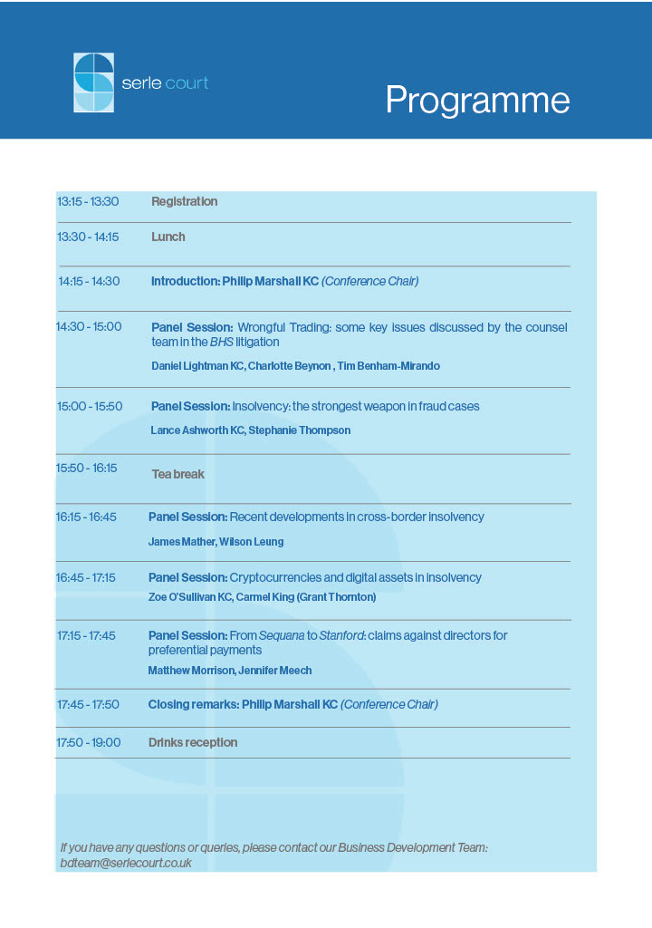 Serle Speak Live: an audience with our insolvency barristers. Serle Court’s insolvency barristers invite you to a half-day Insolvency &amp; Restructuring Conference on 28 September. Please see the programme below. Email events@serlecourt.co.uk to book a place. serlecourt.info/SerleSpeakLive