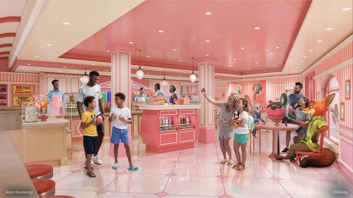 DisneyParks's tweet photo. FIRST LOOK 🛳️ Jumbeaux’s Sweets, inspired by the popular ice cream parlor featured in Disney’s “Zootopia,” is coming to the #DisneyTeasure serving handmade gelato, ice cream and sorbets. 🍨 https://t.co/Te9FkcR07h