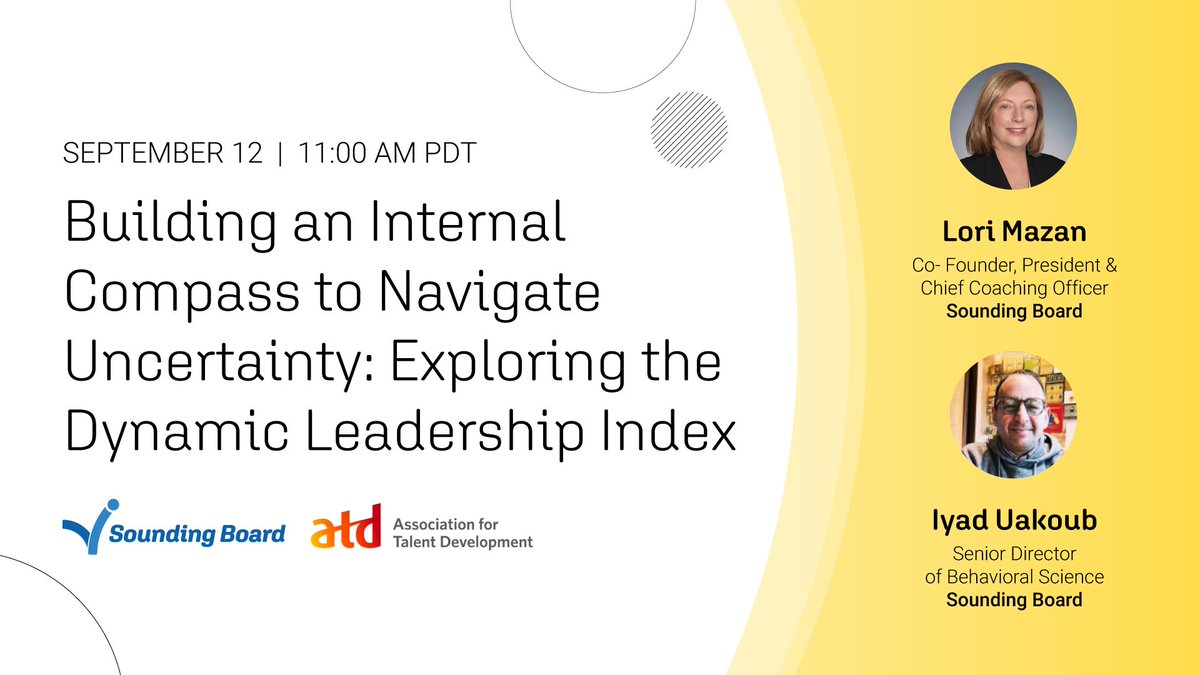 What makes a #leader dynamic? Sounding Board Co-founder and author <a href="/LoriMazan/">Lori Mazan</a> takes a deeper dive into the #DynamicLeadership index with Senior Director of Behavioral Science <a href="/Iyadsy/">Iyad Uakoub</a>. Register now for this revolutionary #webinar with <a href="/atd/">Association for Talent Development (ATD)</a>
hubs.li/Q0216tkt0