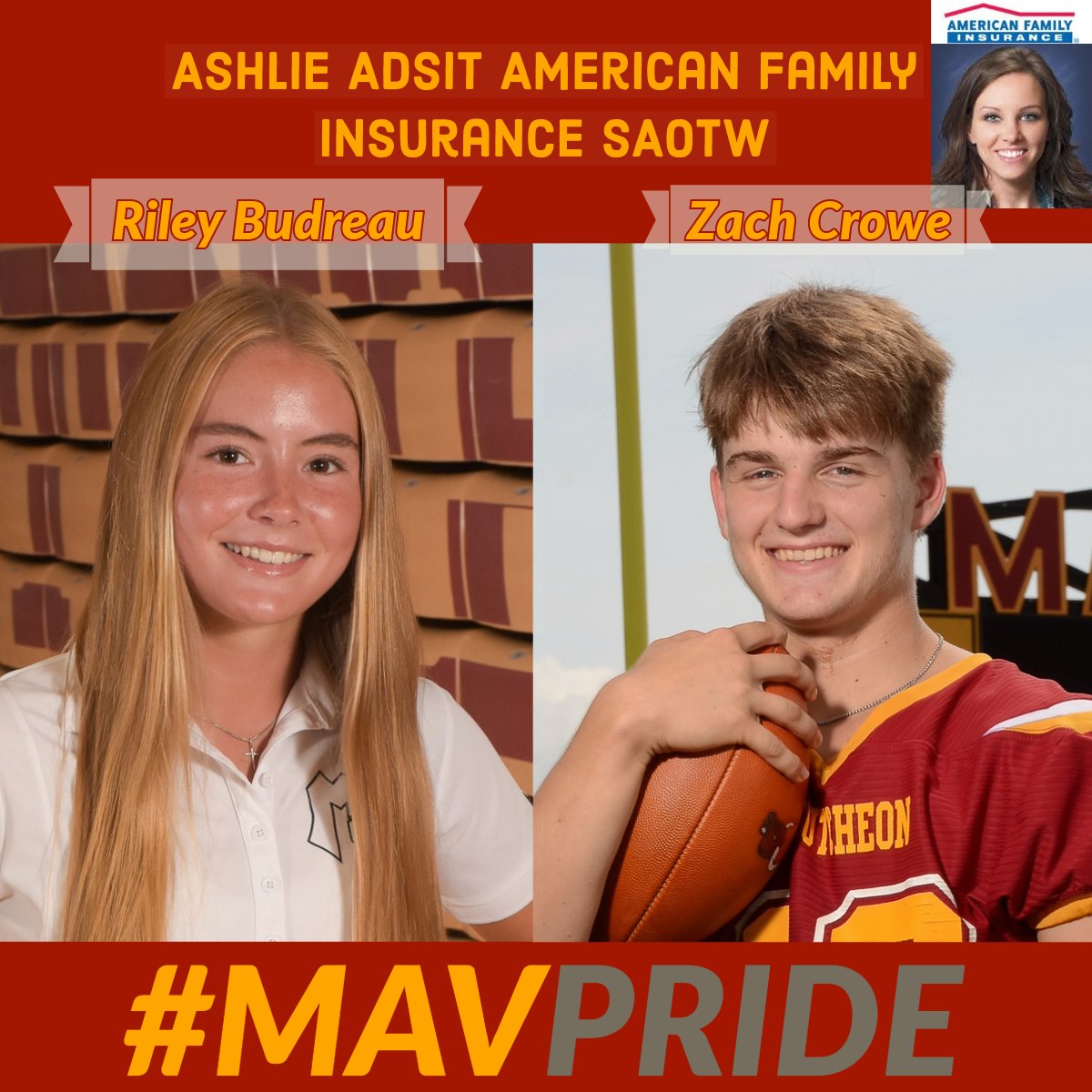 mccutcheonmavs's tweet photo. Congrats to @amfam Ashlie Adsit Student-Athletes of the Week:  Riley Budreau and Zach Crowe!

Click the link below to read more about their accomplishment! 👇👇👇 #MavPRIDE

https://t.co/fNSPRSP7wl https://t.co/dzpQ4GtXRq