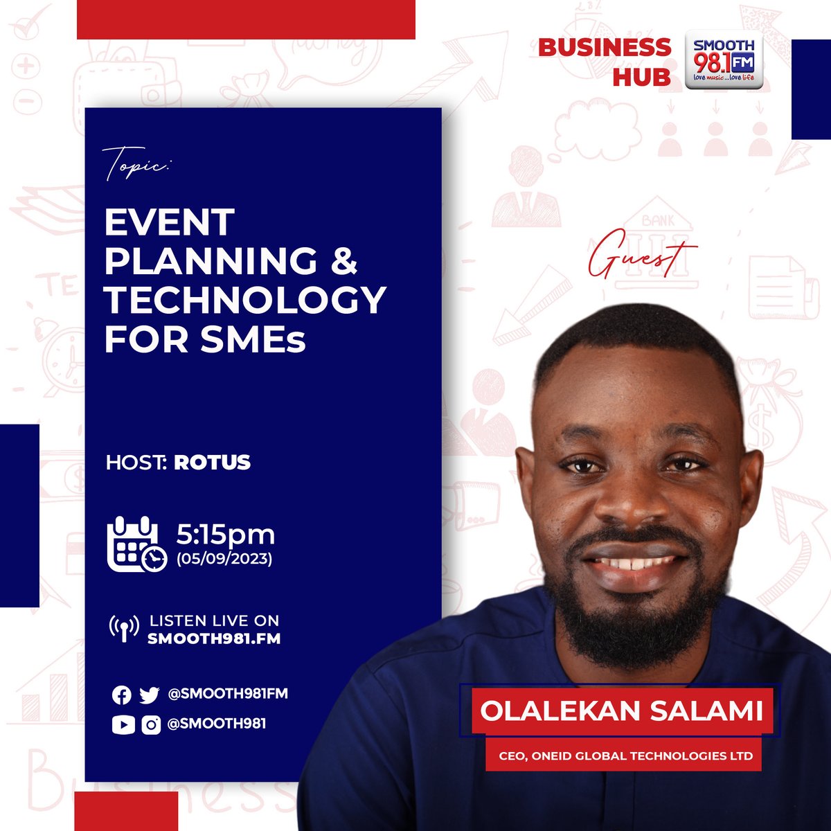 Rotankwot's tweet photo. ⁦@Smooth981FM⁩ at 5:15pm 

⁦@Ayokunmi_K⁩ and ⁦@JoyUrueye⁩ with Special guest ⁦@Paiynee⁩ 
@oneidtech discussing Technology and event planning for SMEs. #Tech https://t.co/hqhvbeHcXk