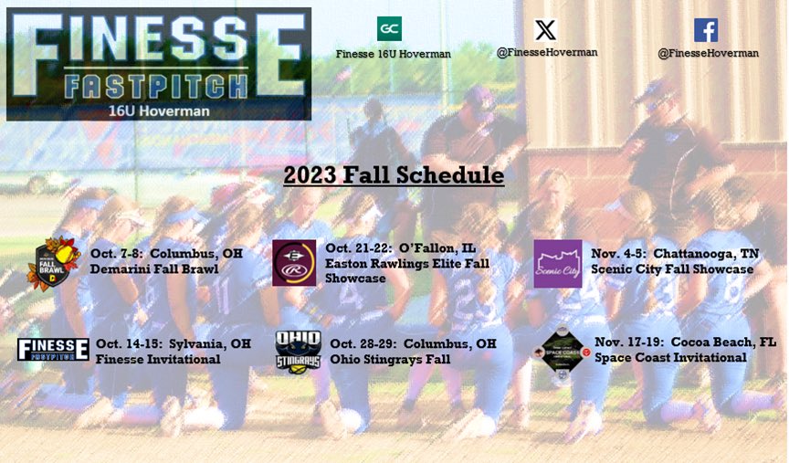 Looking forward to a great Fall!!! @FinesseOrg @donnysoftball @CollegeBDJocks @ExtraInningSB @BrenttEads @SavvyTourneys @OHStingraysShow @d1fastpitch1 @ConnectSports_ @IHartFastpitch @Los_Stuff @PGFnetwork @thealliancefp