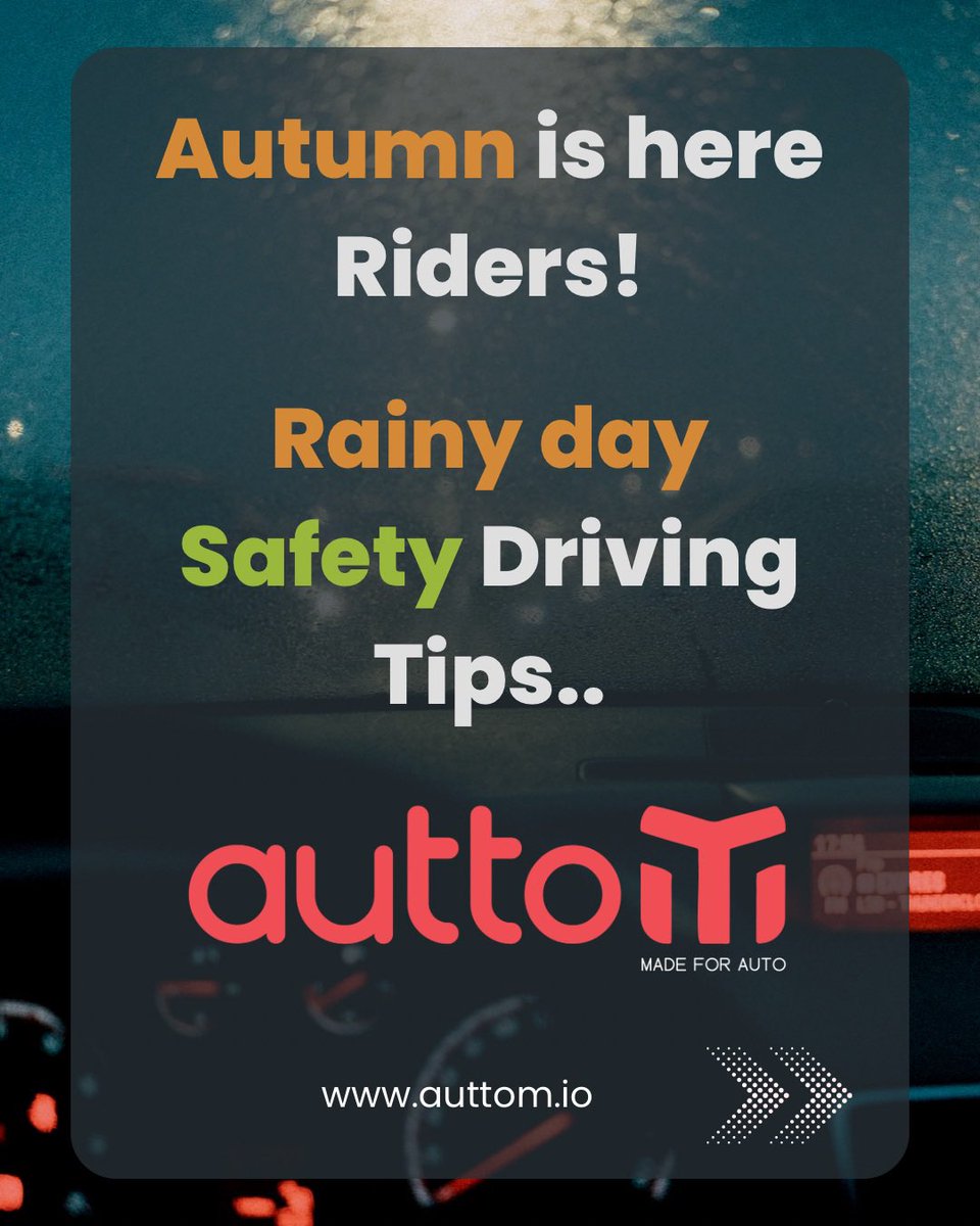 auttomio's tweet photo. Autumn is here riders! RainyDay Driving Tips! 
Navigating wet roads safely:
Reduce speed for better traction.
Maintain a safe following distance.
Use headlights, even during the day.
Beware of hydroplaning - slow down.
Brake gently to avoid skidding.
#SafetyFirst #fleetsolution https://t.co/lEcN5Y7irb