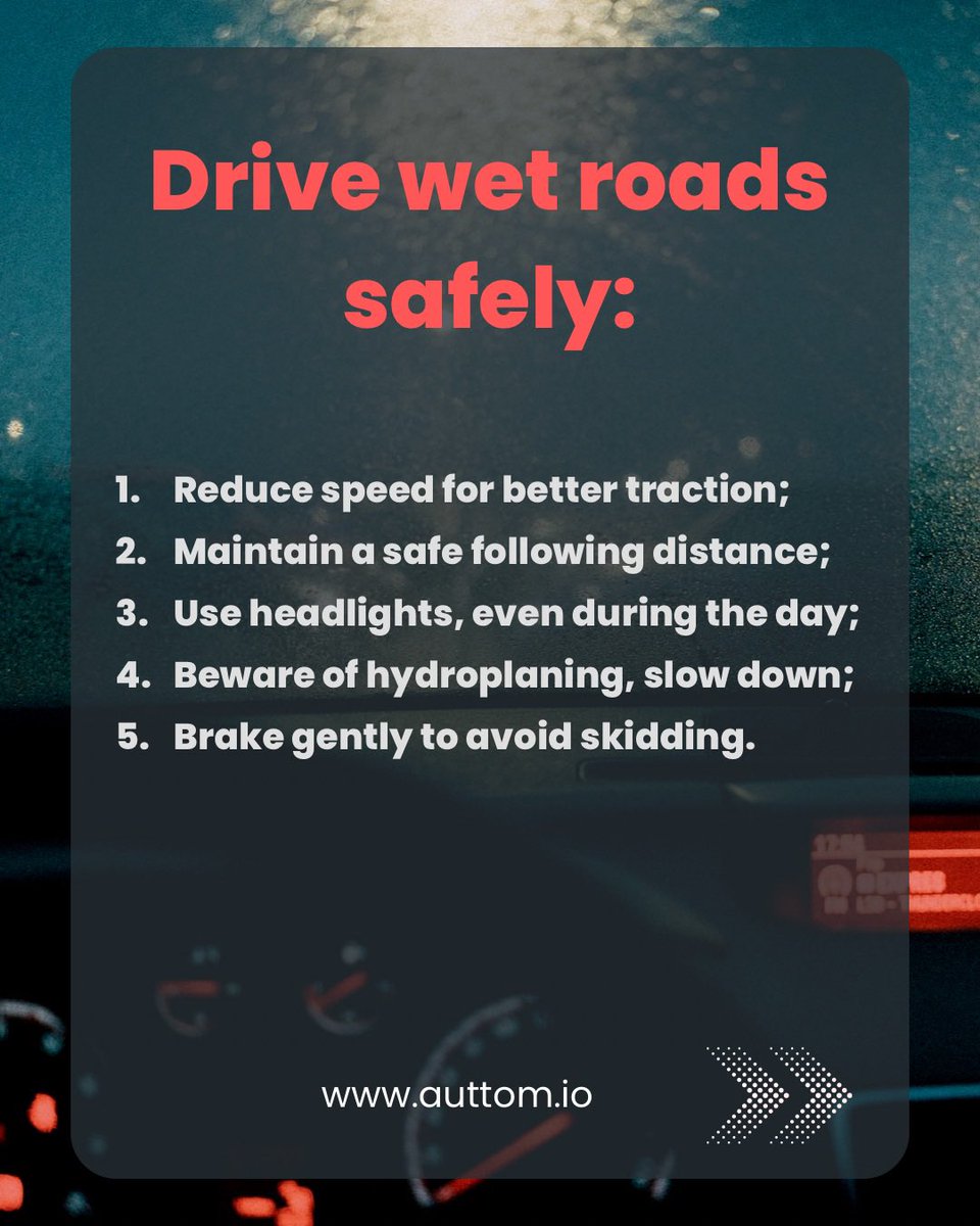 auttomio's tweet photo. Autumn is here riders! RainyDay Driving Tips! 
Navigating wet roads safely:
Reduce speed for better traction.
Maintain a safe following distance.
Use headlights, even during the day.
Beware of hydroplaning - slow down.
Brake gently to avoid skidding.
#SafetyFirst #fleetsolution https://t.co/lEcN5Y7irb