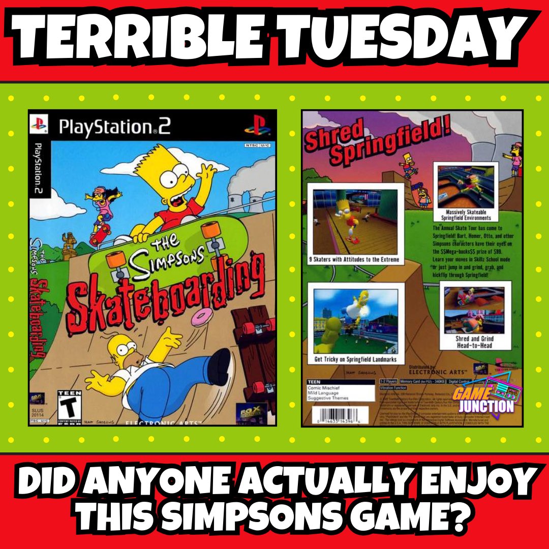 GameJunction1's tweet photo. Another Terrible Game! Who else preferred other Skateboarding games over this one?! #terribletuesday #videogames #badgames #gamejunction #thesimpsonsskateboarding #thesimpsons #simpsons #skateboard #playstation #playstation2 #ps2 #bartsimpson #homersimpson #ps2games https://t.co/EhwvUla9gg