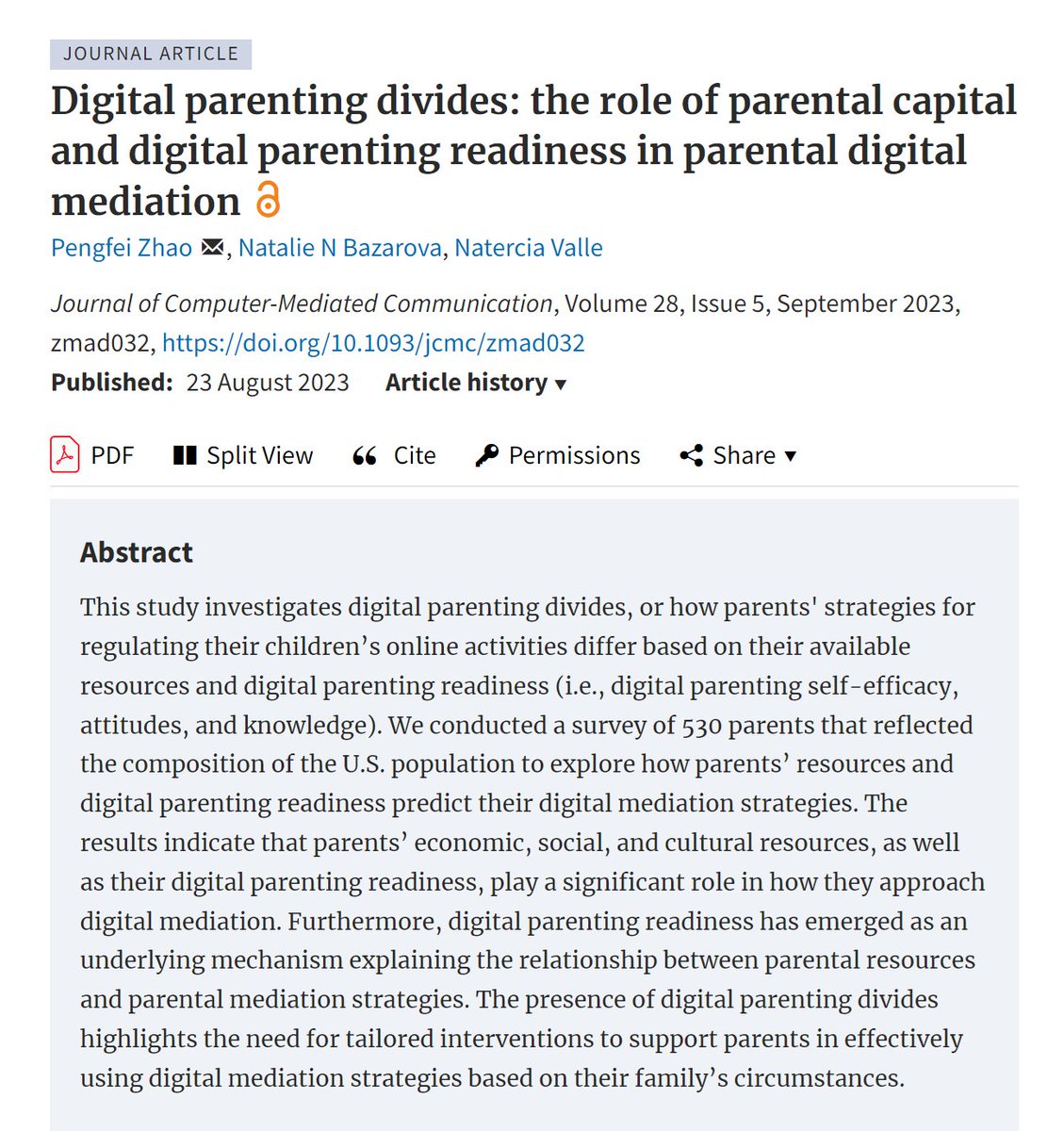 Introducing the newest #jcmc publication 'Digital parenting divides: the role of parental capital and digital parenting readiness in parental digital mediation' by @Pengfei_Zhao_, @nataliebazarova & @NaterciaValle! Read it here: doi.org/10.1093/jcmc/z…
