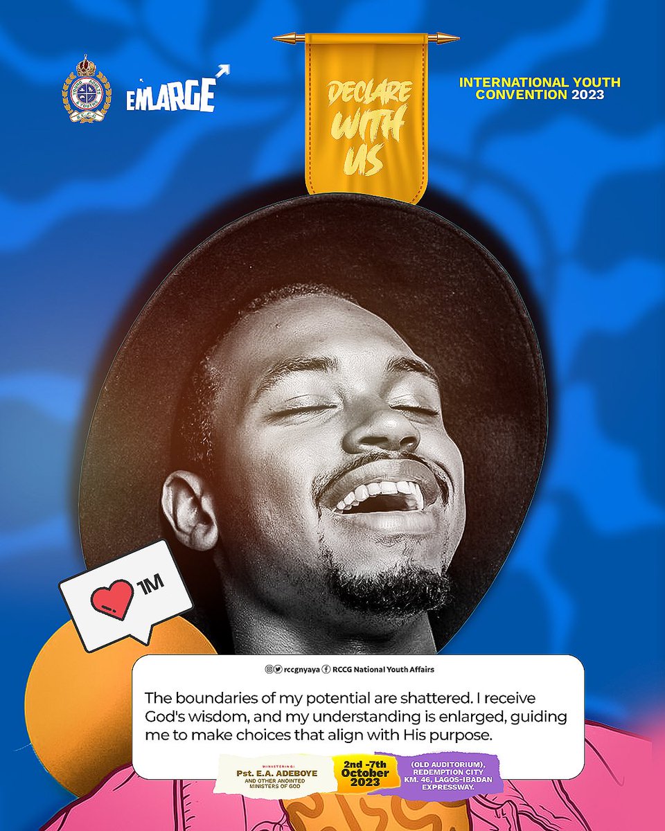 rccgyayaglobal's tweet photo. Declare with us;
The boundaries of my potentials are shattered. I receive God’s wisdom and my understanding is enlarged, guiding me to make choices that align with His purpose.
Don’t miss the #RCCGIYC2023.
Register now via: https://t.co/YB3kMVQKIW
#ENLARGE #DeclareWithUs https://t.co/pokNYJvDWL