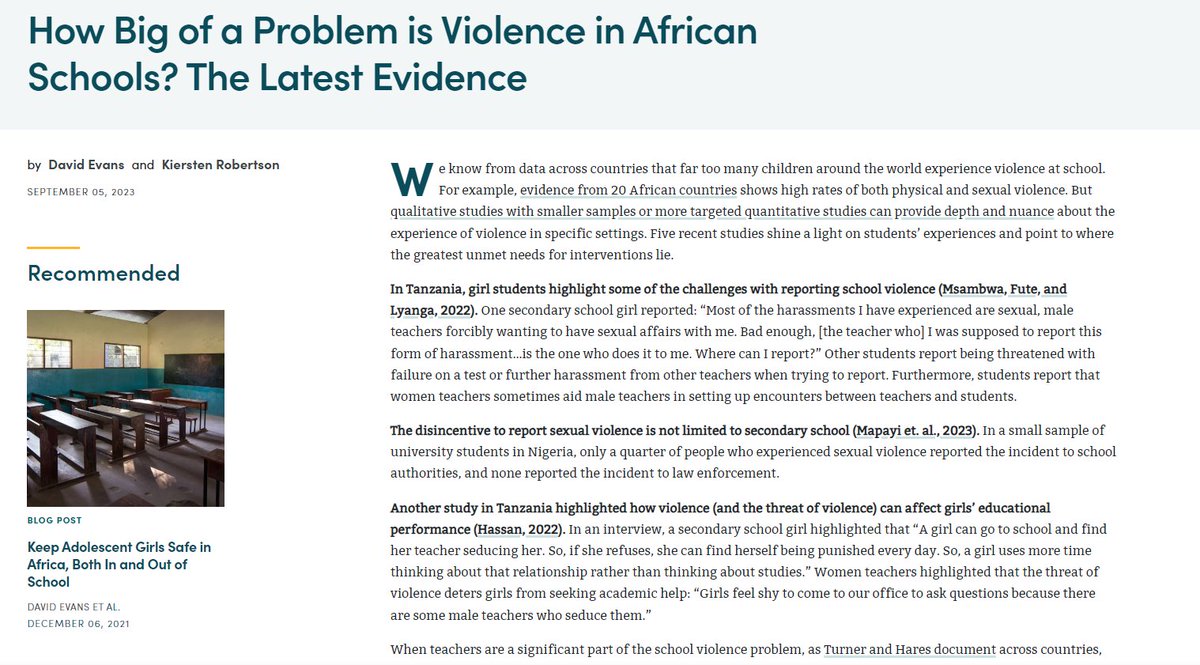 DaveEvansPhD's tweet photo. "How Big of a Problem is Violence in African Schools? The Latest Evidence" https://t.co/q55kJ24G9d in which Robertson and I round up recent evidence from @daledosu, @TangweA, Folayan, Fute, Hassan, Lyanga, Msambwa, @AmiyaBhatia, @SimoneDatzberge, and many others https://t.co/MJAxljdn5K