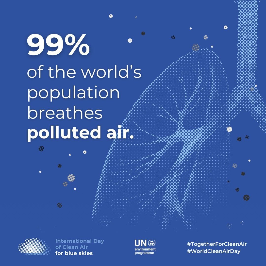 99% of humanity breathes air laced with soot, sulphur &amp; other toxic chemicals.

Low- and middle-income countries suffer the highest exposures.

Our air is a common good. Let’s clean it up, protect our health &amp; leave a healthy planet for generations to come.

#WorldCleanAirDay