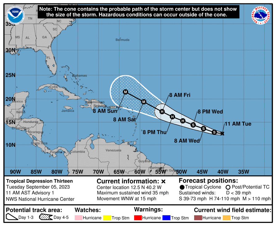 TWAPuertoRico's tweet photo. BOLETÍN 11AM:

La #Invest95L fue clasificada como la Depresión Tropical #13 y se espera que muy pronto se convierta en la tormenta tropical #Lee. Se espera que este pasando a una distancia segura de Puerto Rico como un huracán categoría 4 en la mañana del domingo.🌀

Un avión cazahuracanes la estará investigando el jueves en la noche por lo que tendremos mejores datos sobre este sistema. Les seguiré informando por si sucede algún cambio en la trayectoria del NHC. 

¡Atentos! 👀