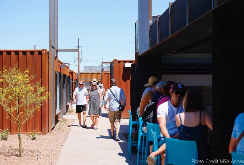 StrongTowns's tweet photo. MSA Annex is a shopping destination made from modified shipping containers in Tuscon, Arizona’s Mercado District.

This development style is part placemaking, part adaptive reuse, and part small business incubator. https://t.co/0xBlMU6e4N