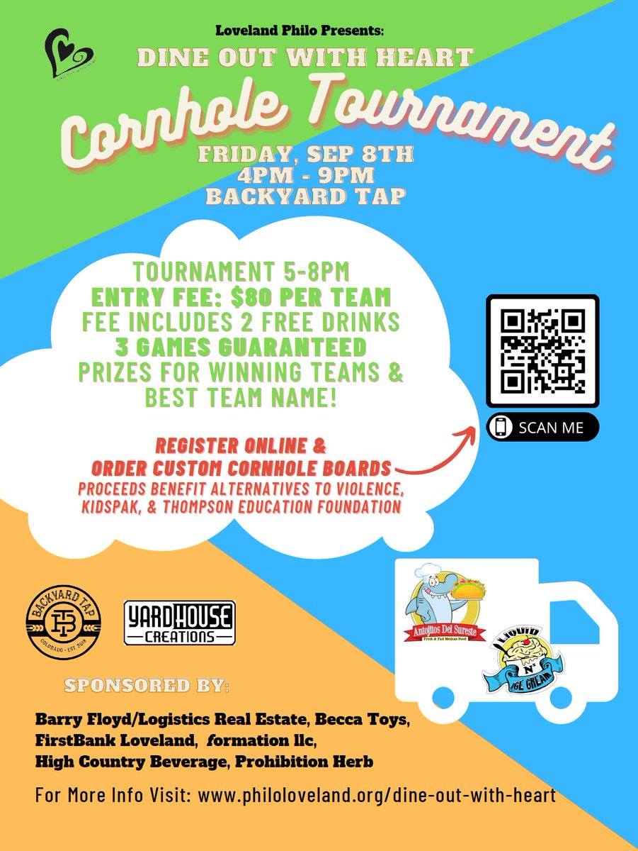 A Fun Conrhole Tournament!
Join Philo of Loveland - Dine Out With Heart event as they host a community cornhole tournament this Friday, September 8th at Backyard Tap! 

Register at:
philoloveland.org

#cornhole #cornholetournment #downtownloveland #fun #friends #nonprofit