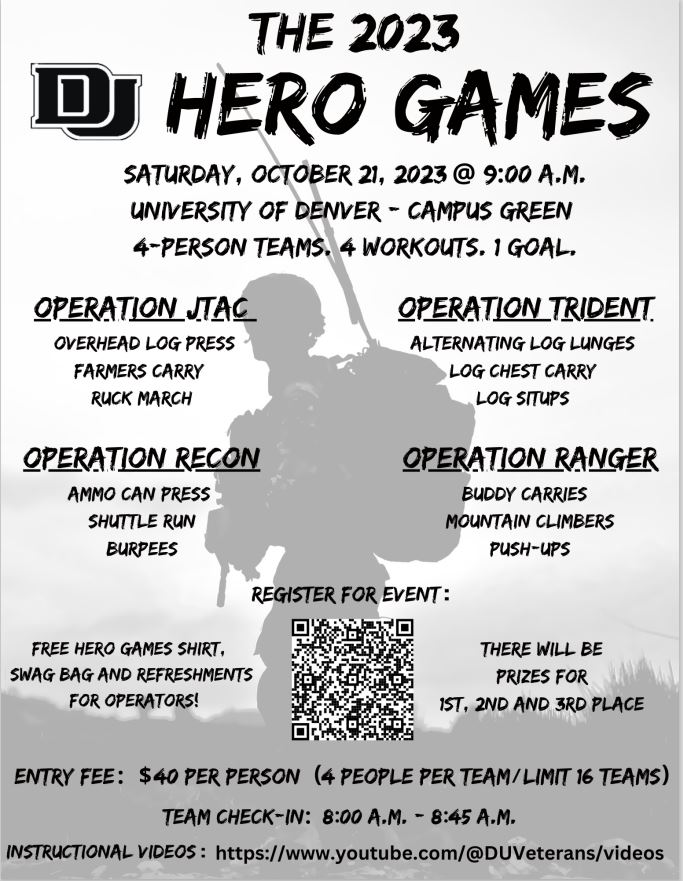 VetsAtDU's tweet photo. Join the Student Veterans Association in kicking off DU's Homecoming Week for a day of team building, physical challenges and friendly competition in the 2023 DU Hero Games. Prizes for the top 3 teams! Scan the QR Code to join us! @UofDenver @DUAdvancement https://t.co/OCFaJuvjBm