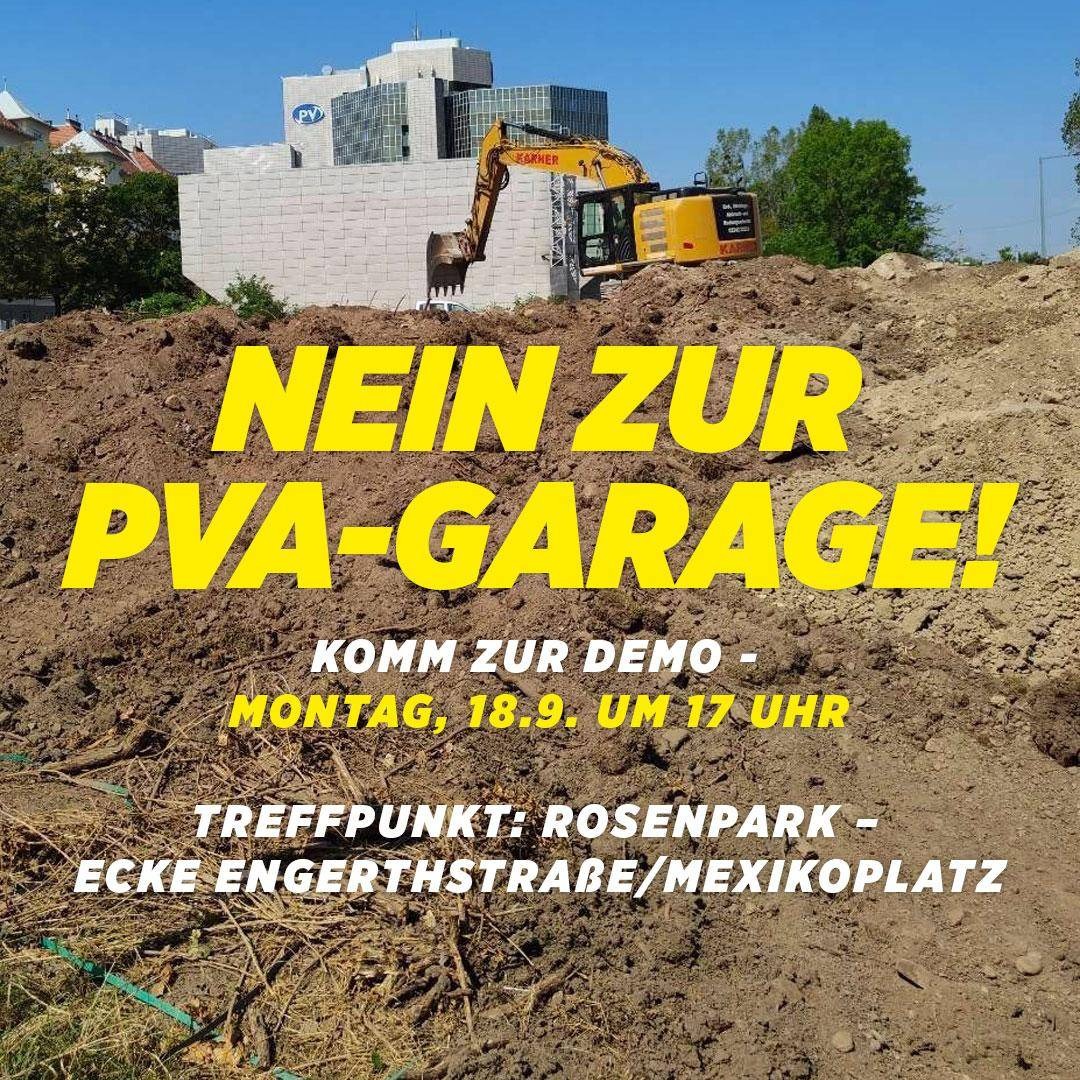 🌳Park statt 🚘-Parkplatz!
Wir wehren uns weiterhin gegen den Bau der #PVA-Parkgarage am Handelskai und fordern die Stadt Wien auf, der PVA das Grundstück abzukaufen und einen Park für alle errichten zu lassen!
➡️Demo: 18.9., 17h, Ecke Engerthstraße/Mexikoplatz