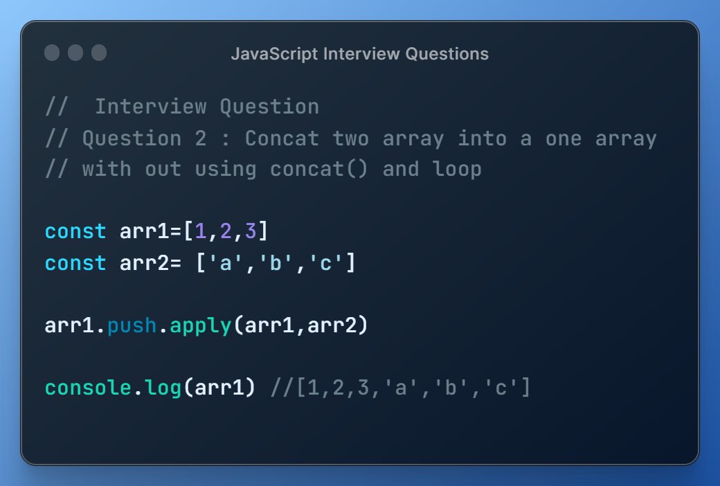 Amit Sharma (@amitsharma_045) on Twitter photo #DAY6
Question 2:
Concat two arrays into one array without using concat() and loop.
Follow <a href="/amitsharma_045/">Amit Sharma</a> for more Questions.
#reactjs #javascript #development #DAY6
Question 2:
Concat two arrays into one array without using concat() and loop.
Follow <a href="/amitsharma_045/">Amit Sharma</a> for more Questions.
#reactjs #javascript #development