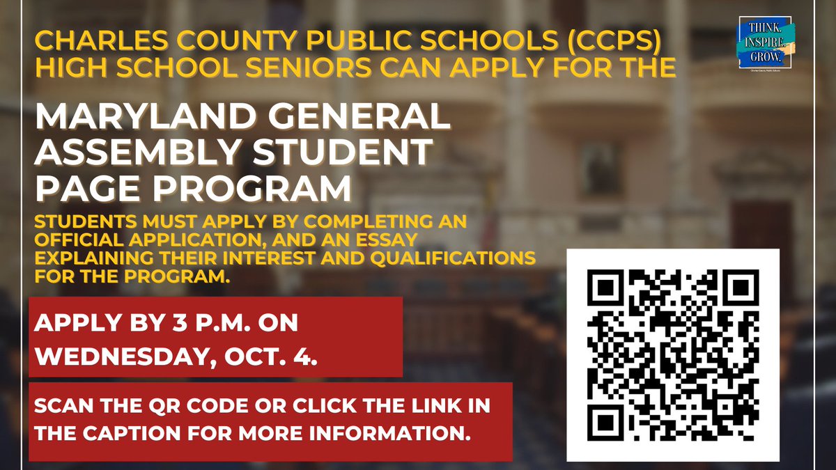 CCPS is accepting applications from high school seniors interested in participating in the Maryland General Assembly Student Page Program. Each year, CCPS selects three high school seniors and one alternate to represent the school system in the program. bit.ly/3EqQsYx.