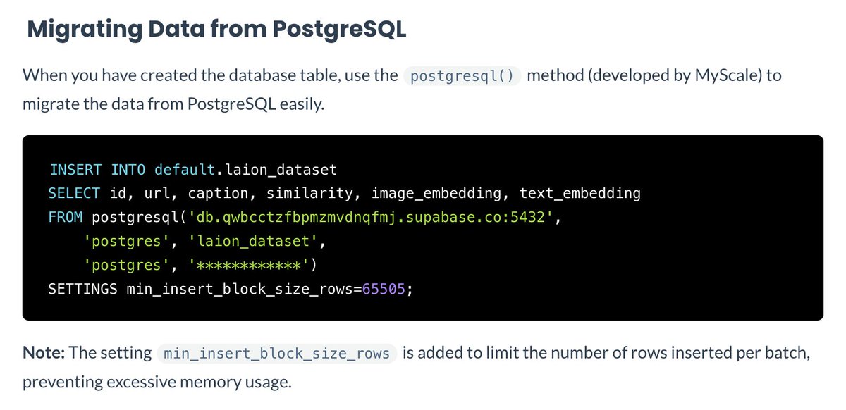 qliu90's tweet image. If you are experiencing scalability or performance issues with #pgvector, consider trying @MyScaleDB. MyScale is a #vectordb built on @ClickHouseDB, allowing you to import data from #postgres using just one SQL command.