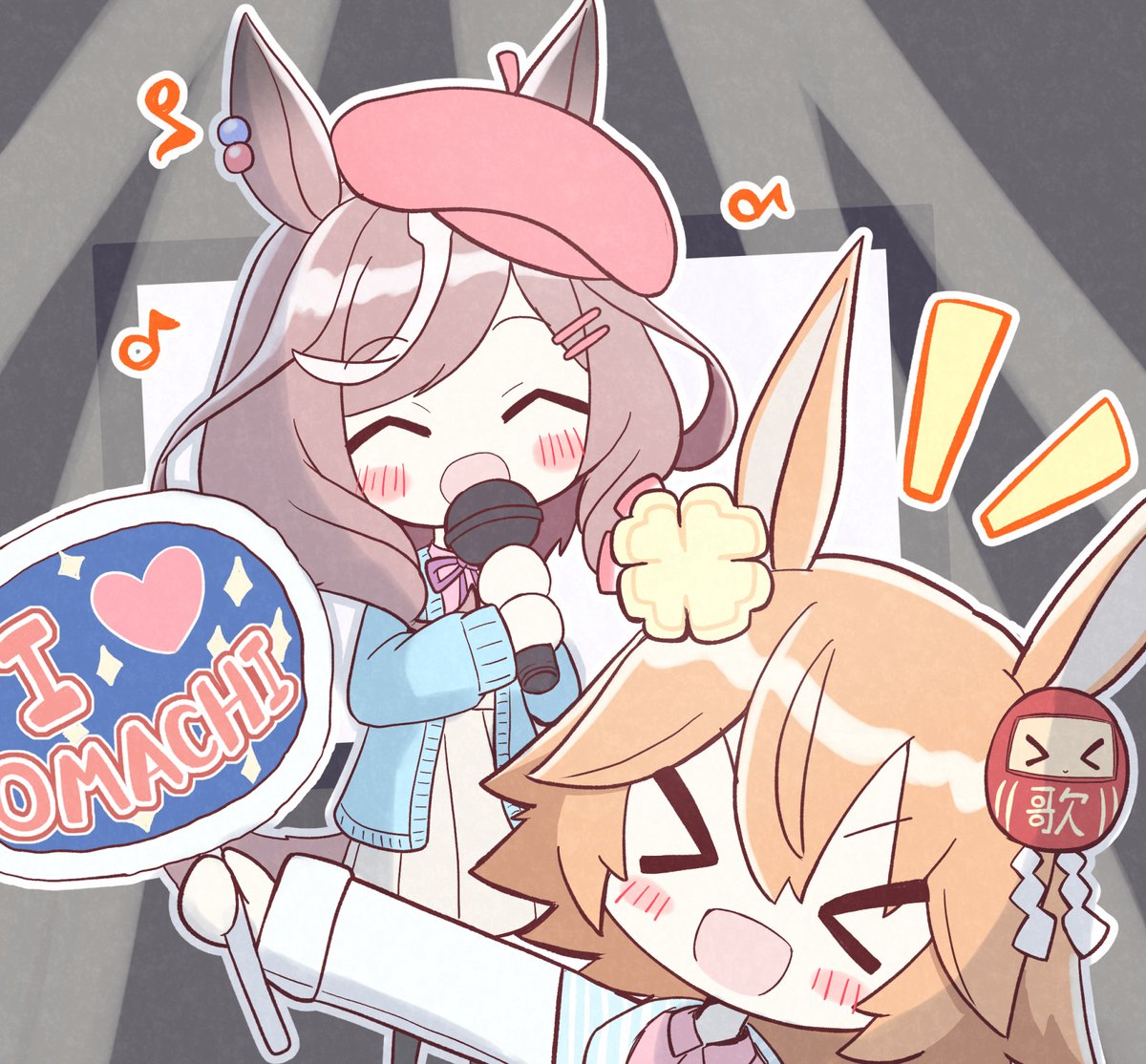 matikane tannhauser (umamusume) ,matikanefukukitaru (umamusume) multiple girls animal ears 2girls horse ears microphone > < horse girl  illustration images