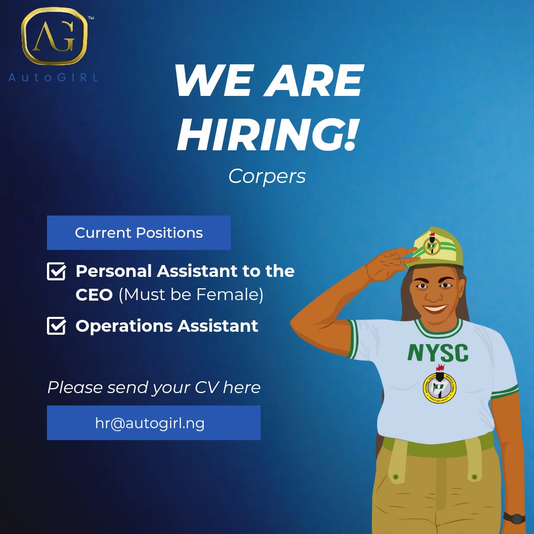 autogirlng's tweet image. The perfect NYSC opportunity for you😉! 

Apply now for our Personal Assistant to the CEO or Operations Assistant positions.

Kindly send your CV/Resume to hr@autogirl.ng 

#autogirl #hiring #carrentals #lagos #drivers #nigeria #jobsinlagos #lekki #nysc #corpmember