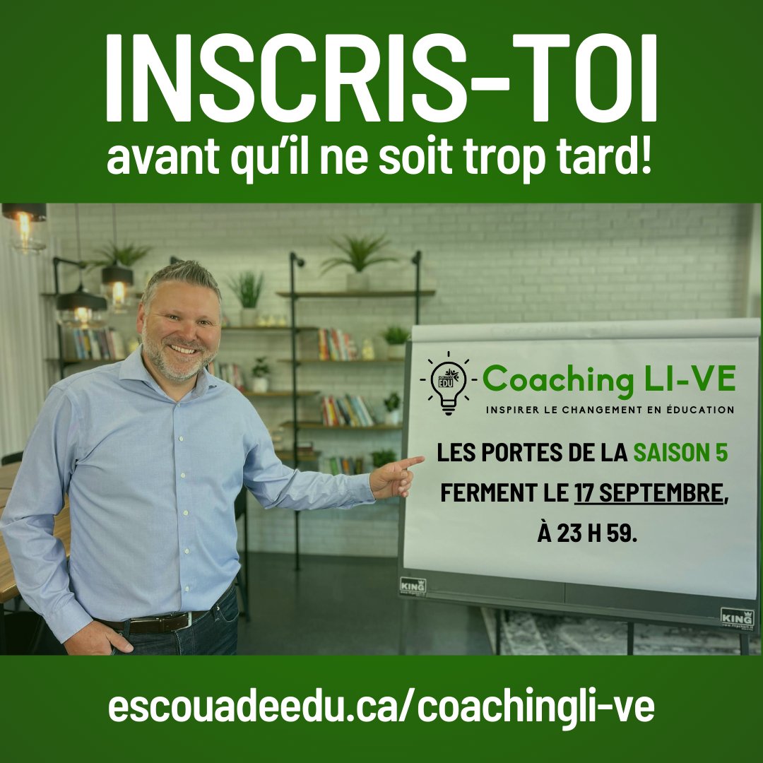escouadeEDU's tweet photo. Les portes du programme de coaching LI-VE ferment le 17 septembre, à 23 h 59.

Inscris-toi avant qu'il ne soit trop tard!

https://t.co/3QvrfzPTLY

Le programme de coaching LI-VE est conçu pour aider les leaders à passer du rêve à la réalité.

#leadped #eduqc https://t.co/N9pWKxZWOt
