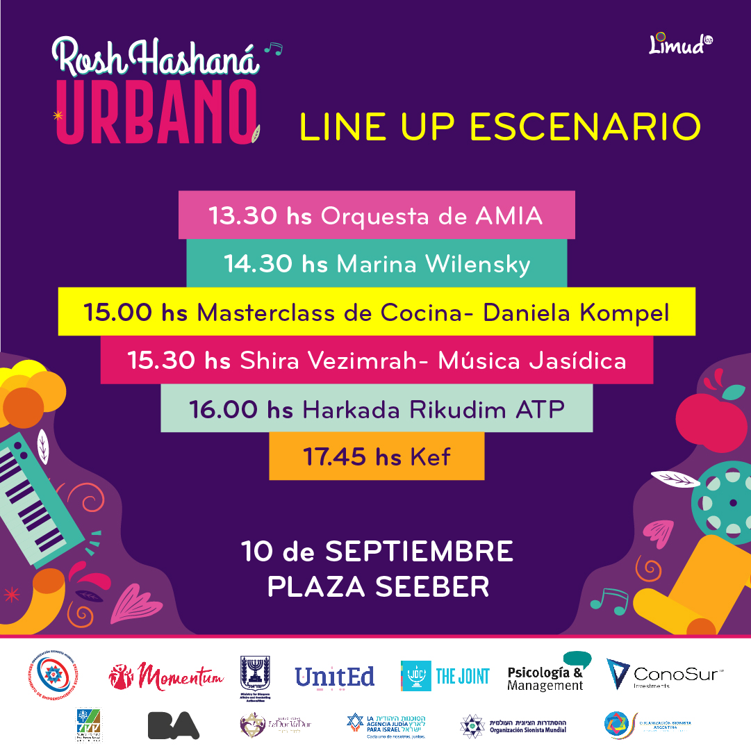 Line Up del Escenario - 10/09👏
13:30 hs: Orquesta Infantil y Juvenil de AMIA <a href="/InfoAMIA/">AMIA</a> 
14:30 hs: Marina Wilensky <a href="/marinawil_/">marinawil</a> 
15:00 hs: Masterclass de Cocina con Daniela Kompel #masterchefargentina 
15:30 hs: Shirá Vezimrah
16:00 hs: Rikudim ATP 
17:45 hs: KEF <a href="/orquestakef/">orquestakef</a>
