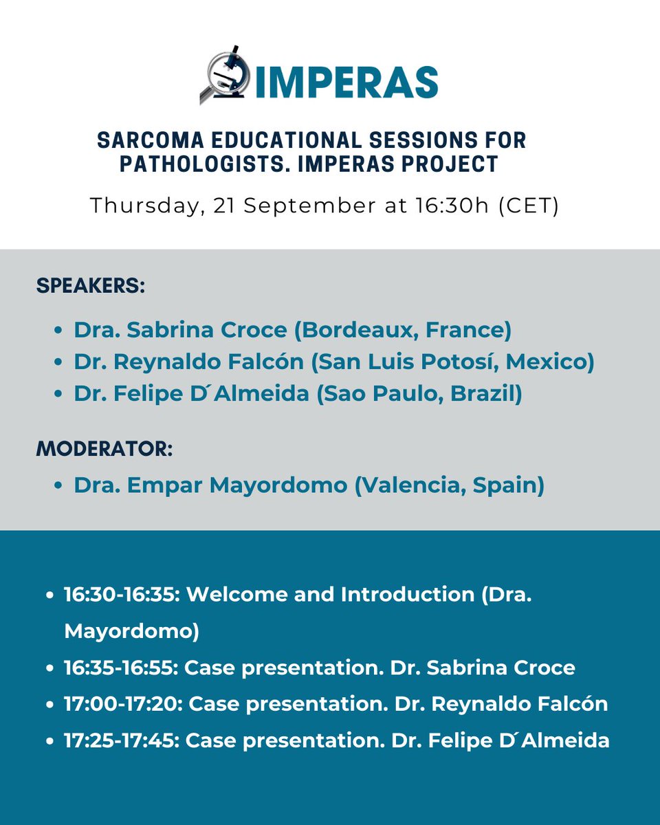 El próximo 21 de septiembre dará lugar la XXVI Sesión educacional de sarcomas para patólogos moderada por la Dra. Empar Mayordomo (Valencia, Spain) a las 16:30h.
