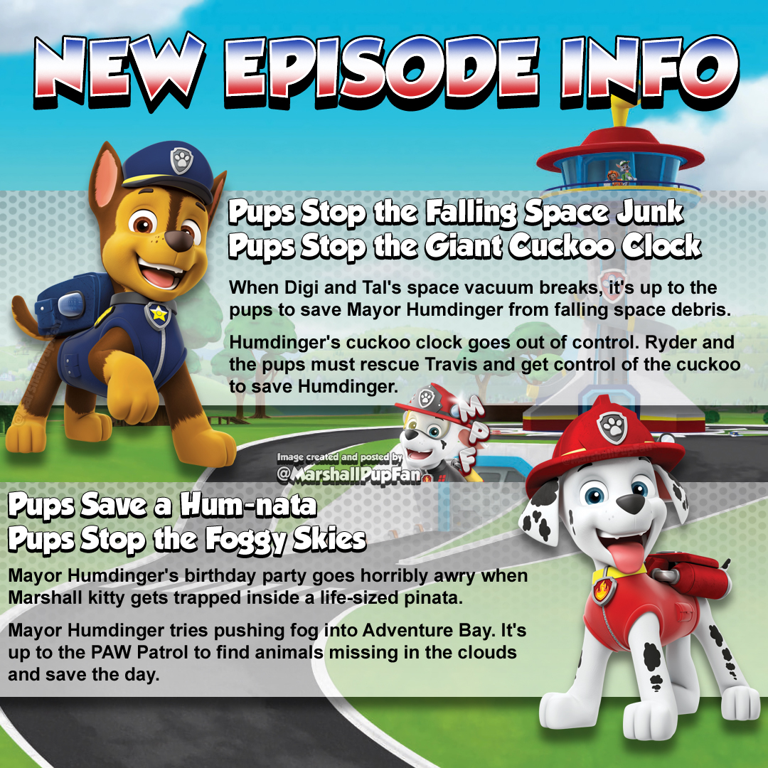 Got an episode update!

The next season 10 episode, 'Pups Stop the Falling Space Junk / Pups Stop the Giant Cuckoo Clock' will air on TVOkids (Canada) on Saturday, September 9, 2023! And here's some info on the next episode, too.

#PAWPatrol