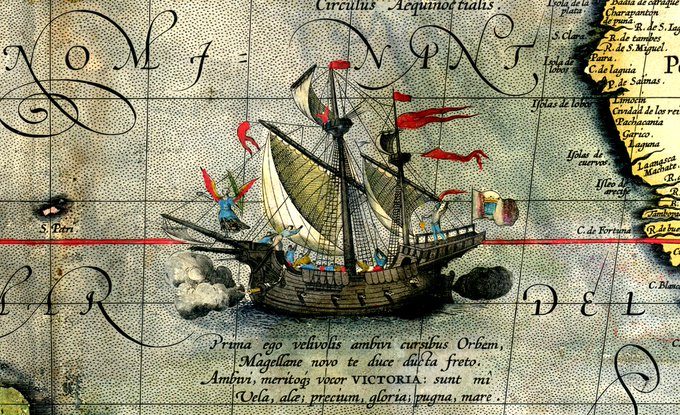 A detail from a map of Ortelius (1590) showing Magellan's ship Victoria