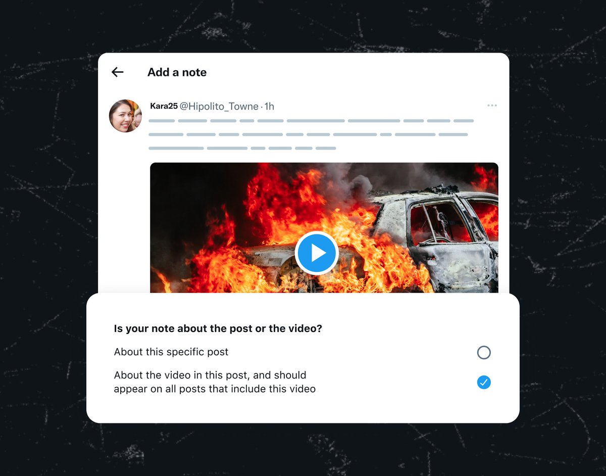 CommunityNotes's tweet image. Not just for images anymore — introducing notes on videos! 

Notes written on videos will automatically show on other posts containing matching videos. A highly-scalable way of adding context to edited clips, AI-generated videos, and more. Available to all Top Writers 🏅