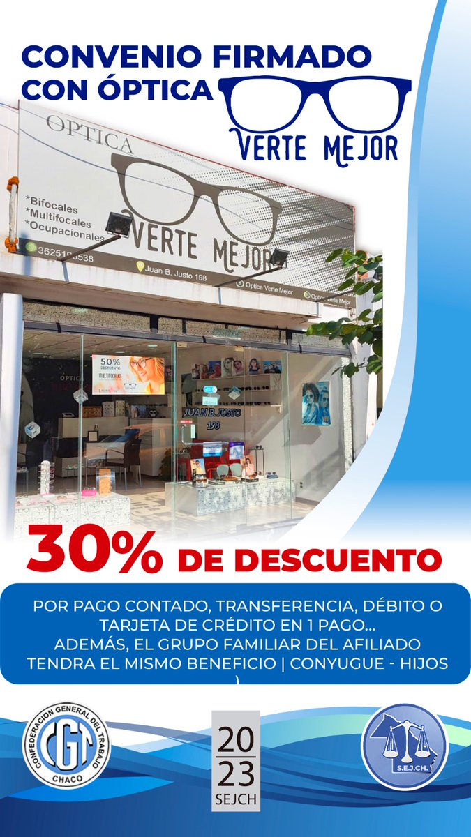 NUEVOS CONVENIOS 

Un nuevo comercio decidió confiar en nosotros, ÓPTICA "VERTE MEJOR"!!! y por lo tanto tenemos un nuevo beneficio para todos nuestros compañeros, compañeras y familia !!!

#convenio 
#optica 

<a href="/gracielaranda/">Graciela Aranda</a>
Sec. Gen.

<a href="/MG_Justicia/">Mariano Gauto</a> 
Sec. Adj.

<a href="/DelegadosSEJCH/">Delegados SEJCH</a>