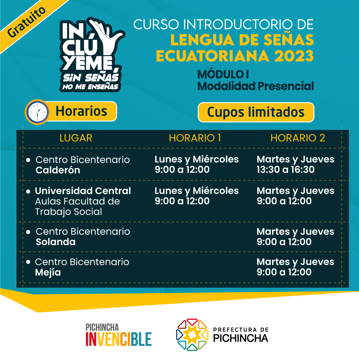 PichinchaGob's tweet image. Atención‼️

Este 🗓️miércoles 6 de septiembre, a las ⏰09h00, abriremos las inscripciones para el Curso de Lengua de Señas Ecuatoriana, módulo 1, en modalidad PRESENCIAL.😃

Mantente atento a nuestras redes sociales para el link de inscripción📲 

¡CUPOS LIMITADOS!📢

Más⬇️