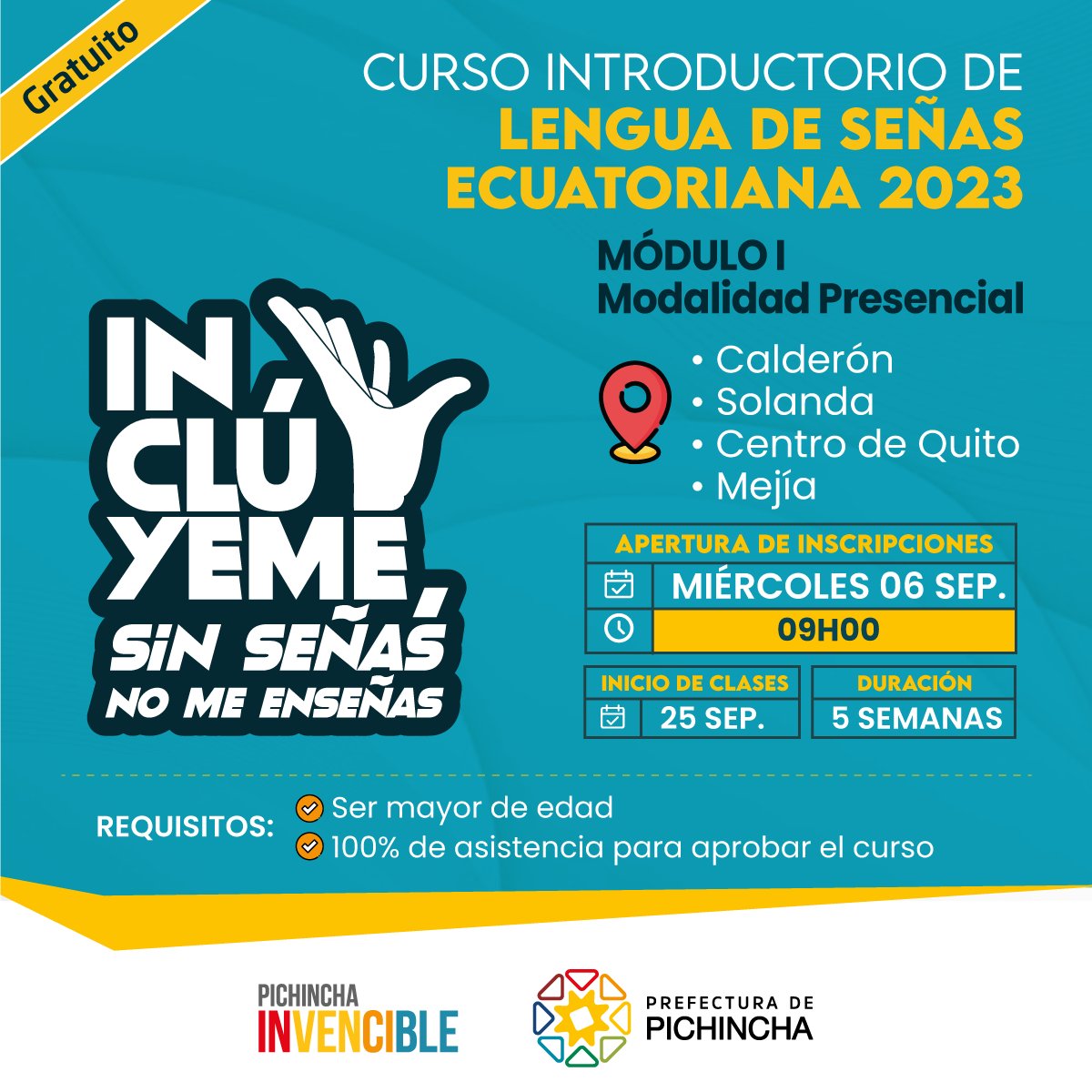 PichinchaGob's tweet image. Atención‼️

Este 🗓️miércoles 6 de septiembre, a las ⏰09h00, abriremos las inscripciones para el Curso de Lengua de Señas Ecuatoriana, módulo 1, en modalidad PRESENCIAL.😃

Mantente atento a nuestras redes sociales para el link de inscripción📲 

¡CUPOS LIMITADOS!📢

Más⬇️
