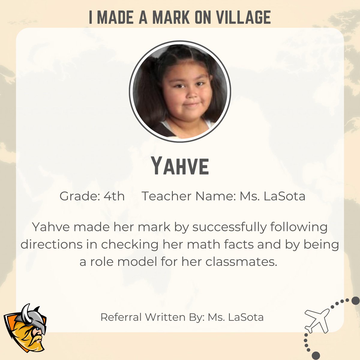 RLVillageSchool's tweet photo. Congratulations to this 4th grader, Yahve, who made her mark by successfully following directions in checking her math facts and by being a role model for her classmates. Keep up the GREAT work Yahve!!
#116Pride #positivereferral #villagevikings116 #WeAreRL https://t.co/0wqljoYvvk