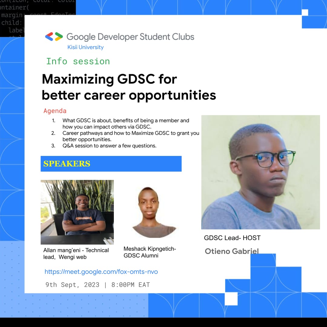 gdsc.community.dev/events/details…  Hi there! Exciting news! We're hosting a virtual GDSC Info session on September 9th 2023 at 8:00PM. It's your chance to explore amazing opportunities and get inspired. Don't miss out!. Save the date and join us for this insightful event. #gdscInfoSession