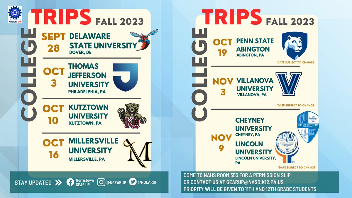 NAHS GEAR UP 11-12's college and career trips for fall 2023!