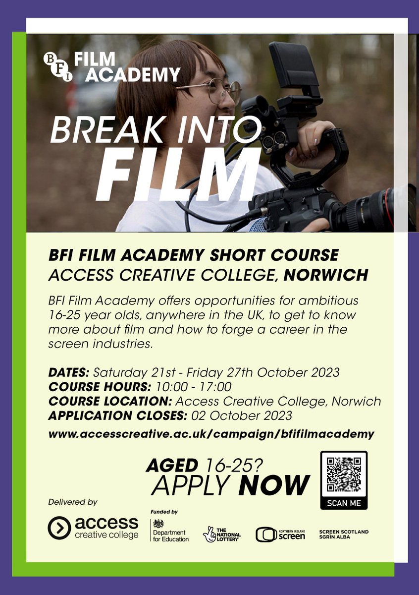 BFI Film Academy is aimed at those 16 - 19 year old's who may be interested in learning how to break into the industry. This course will be taking place this October at Access Creative College Norwich. More info below. accesscreative.ac.uk/campaign/bfifi… @BFIFilmAcademy