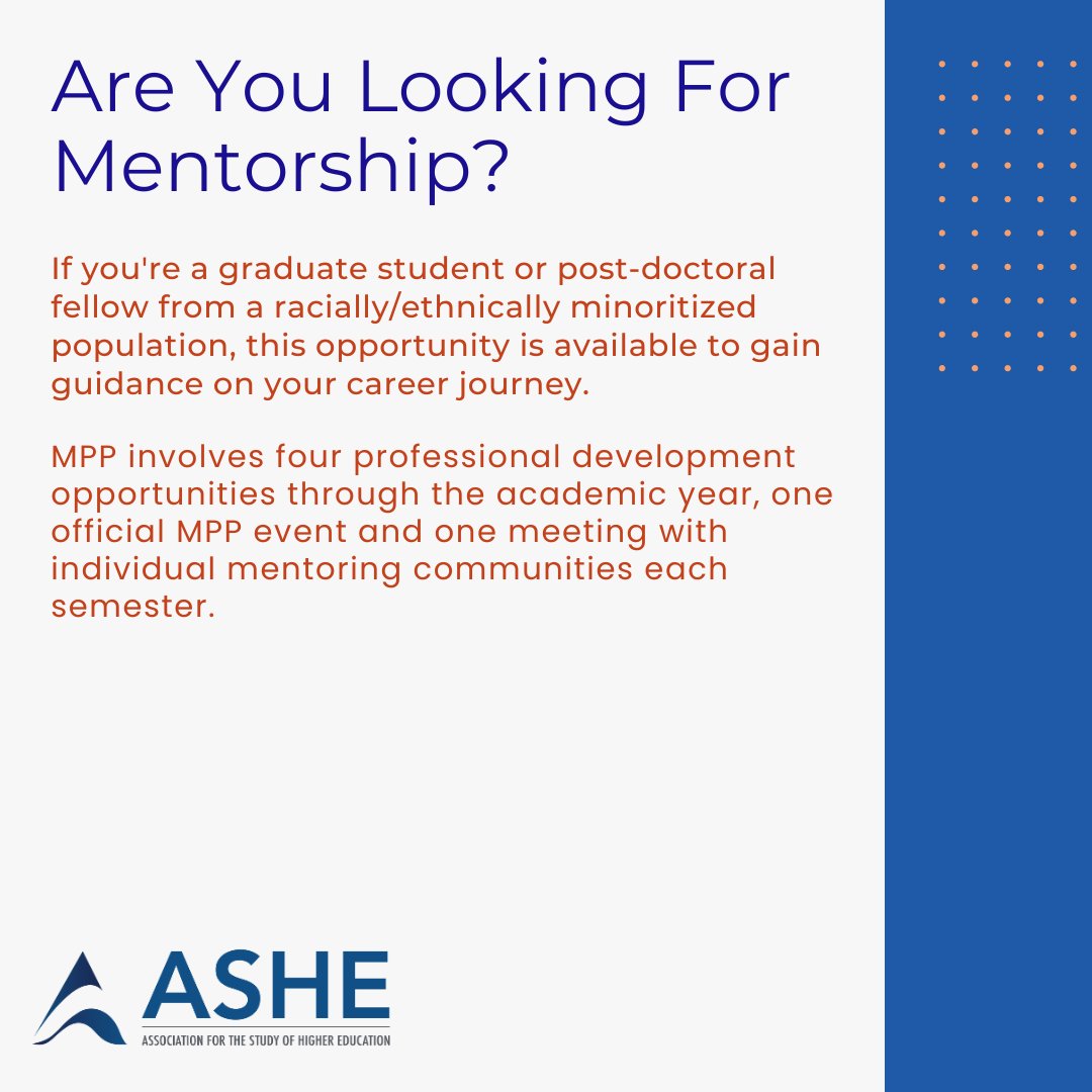 ASHE (@asheoffice) on Twitter photo The <a href="/ASHE_CEP/">Council for Ethnic Participation (CEP)</a> <a href="/CEP_MPP/">ASHE CEP_MPP</a> Mentor-Protégé Program (MPP) returns on 11/3, offering mentorship to racially/ethnically minoritized grad students, post-docs, administrators, & faculty. Register as a protégé or mentor @ ashe.ws/cepmpp2023 The <a href="/ASHE_CEP/">Council for Ethnic Participation (CEP)</a> <a href="/CEP_MPP/">ASHE CEP_MPP</a> Mentor-Protégé Program (MPP) returns on 11/3, offering mentorship to racially/ethnically minoritized grad students, post-docs, administrators, & faculty. Register as a protégé or mentor @ ashe.ws/cepmpp2023