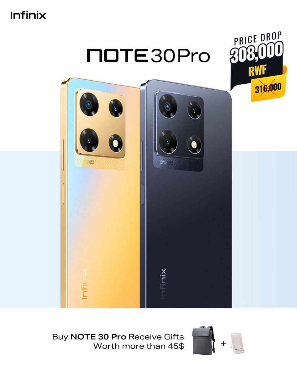 infinixrwanda's tweet image. Upgrade to the Note 30 Pro at an unbeatable price of 308,000 Rwf (originally 316,000 Rwf), and here's the best part: when you choose the Note 30 Pro, you'll also receive gifts worth more than $45! Don't miss out on this incredible deal. 🎁🚀 #Note30Pro #pricedrop