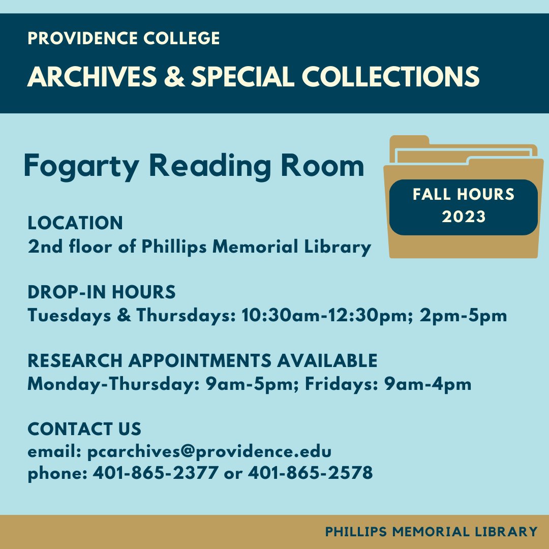 Library_PC's tweet image. Welcome back, Friars! The Fogarty Reading Room, located in the Library, is open! Get primary source research help and use our collections.
HOURS:
Drop-In:
Tues &amp;amp; Thur 10:30-12:30, 2-5
Appointments:
Mon-Thur, 9-5; Fri, 9-4
pcarchives@providence.edu