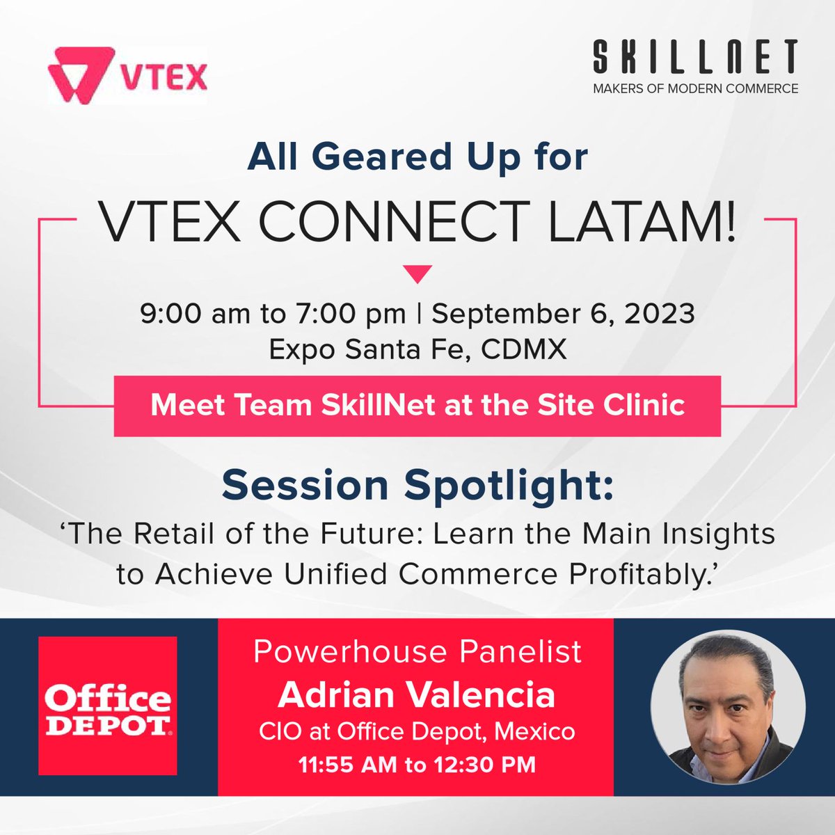 skillnetinc's tweet image. Team #SkillNet at #VTEXCONNECT LATAM!
Join us at Expo Santa Fe, CDMX on Sep 6, 2023 for a day of learning and networking.
For event details, visit: vtexconnect.vtex.com
#VTEX #SkillNetAtVTEX #RetailInnovation #EventUpdate