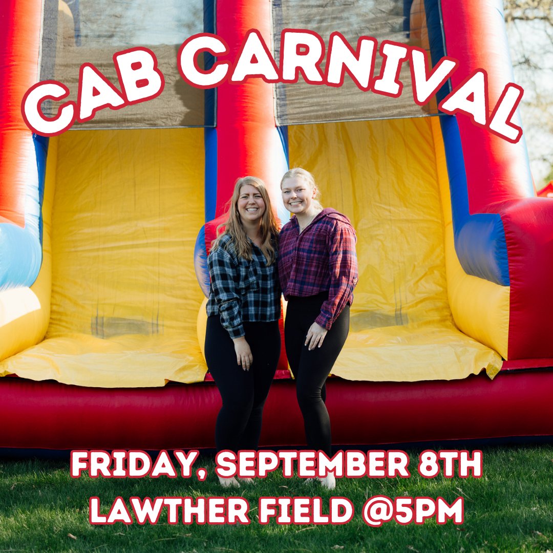 The CAB Carnival is this Friday!! Make sure to stop by Lawther Field at 5 pm Friday to enjoy some snacks and see what inflatables we have!🎪🎉

Register for this event and all other CAB events with the link in our Bio!!