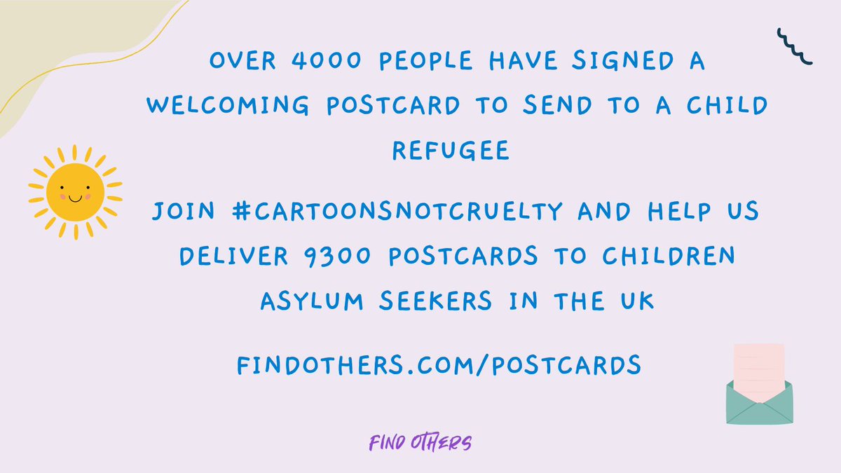 Will you send a postcard to a refugee child? Go to findothers.com/postcards. It's completely free and takes less than a minute. We believe that a simple postcard can help brighten a child's day and make them feel seen and valued❤️ #cartoonsnotcruelty #cartoonsasylumcentres