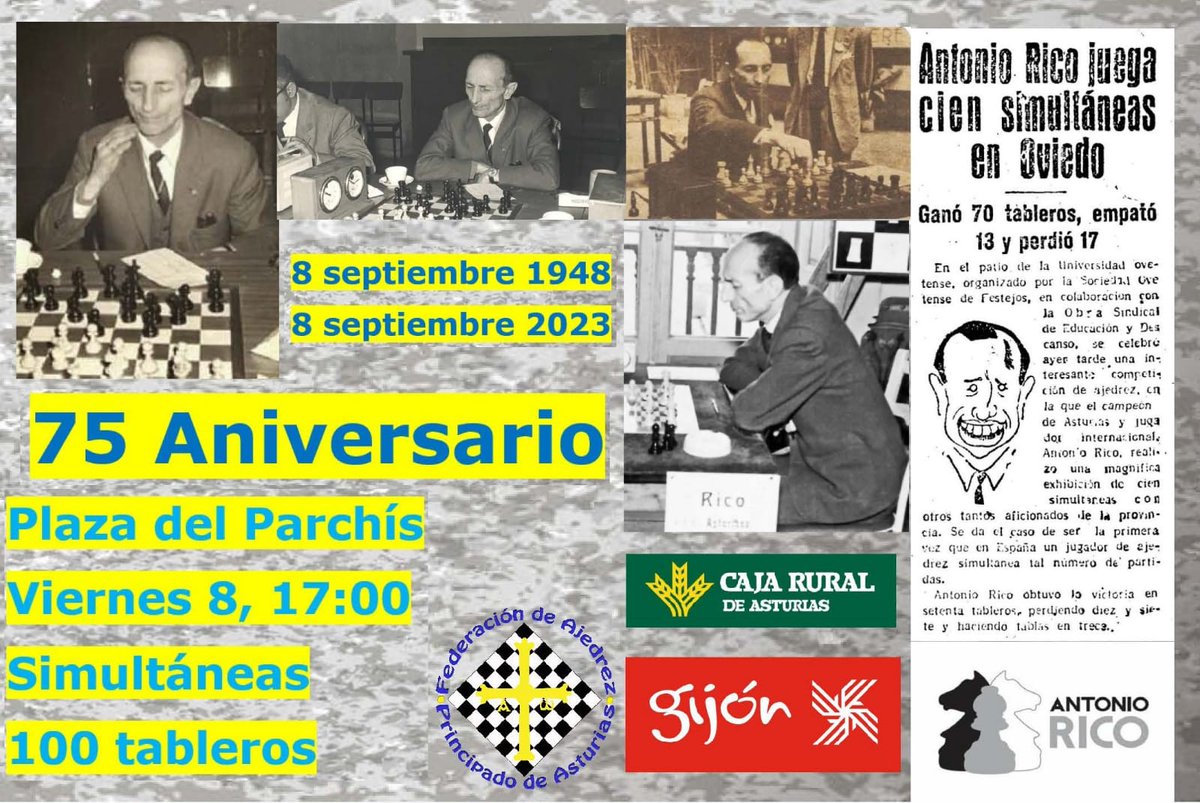 El viernes a las 17:00 tendrá lugar una exhibición de partidas simultáneas de #Ajedrez en la Plaza del Parchís de #Gijón. Se cumplen 75 años de la gesta de #AntonioRico que se midió a 100 adversarios.
<a href="/PDMGijon/">Gijón/Xixón Deporte</a> <a href="/deporteASTUR_/">deporteASTUR</a> <a href="/Deporte_Astur/">Deporte Asturiano</a>